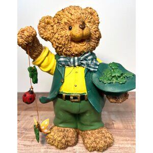 St Patrick's Shamrock Bear Figurine Holding Clover Tray Ladybug Decoration